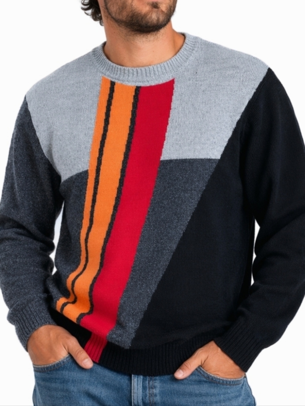 Vintage St. Croix Cotton Blend Knit Colorblock Grey Orange Red Crew Neck Sweater